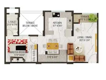 Lower level 3BHK unit plan